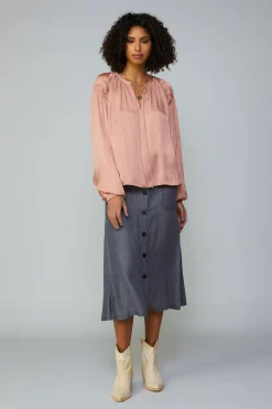 Long Sleeve Tops-Current Air Ruffled Shoulder Blouse DUSTYBLUSH