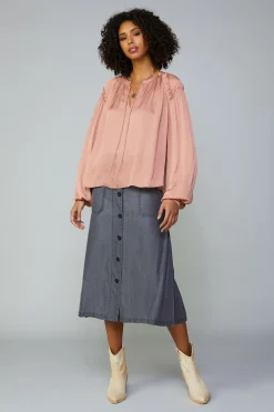 Long Sleeve Tops-Current Air Ruffled Shoulder Blouse DUSTYBLUSH