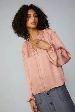 Long Sleeve Tops-Current Air Ruffled Shoulder Blouse DUSTYBLUSH