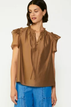 Short Sleeve Tops-Current Air Ruffled Shoulder Blouse BROWN
