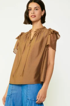 Short Sleeve Tops-Current Air Ruffled Shoulder Blouse BROWN