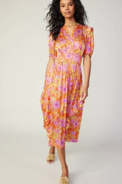 Midi Dresses-Current Air Ruffled Shoulder Floral Midi Dress ORANGEPINK