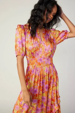 Midi Dresses-Current Air Ruffled Shoulder Floral Midi Dress ORANGEPINK
