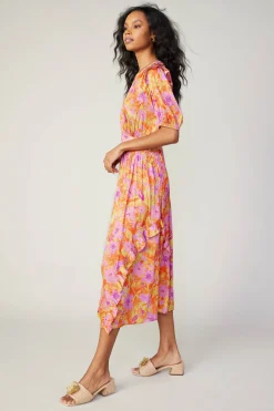 Midi Dresses-Current Air Ruffled Shoulder Floral Midi Dress ORANGEPINK