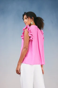 Sleeveless Tops-Current Air Ruffled Shoulder Sleeveless Blouse AZALEA