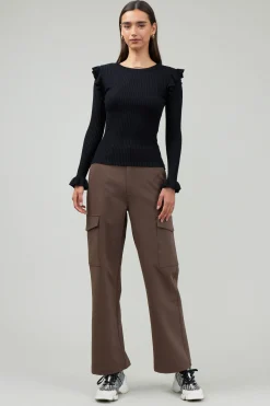 Knitwear|Long Sleeve Tops-Current Air Ruffled Shoulder Top BLACK