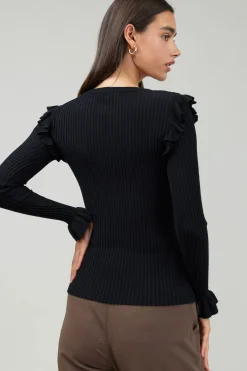 Knitwear|Long Sleeve Tops-Current Air Ruffled Shoulder Top BLACK