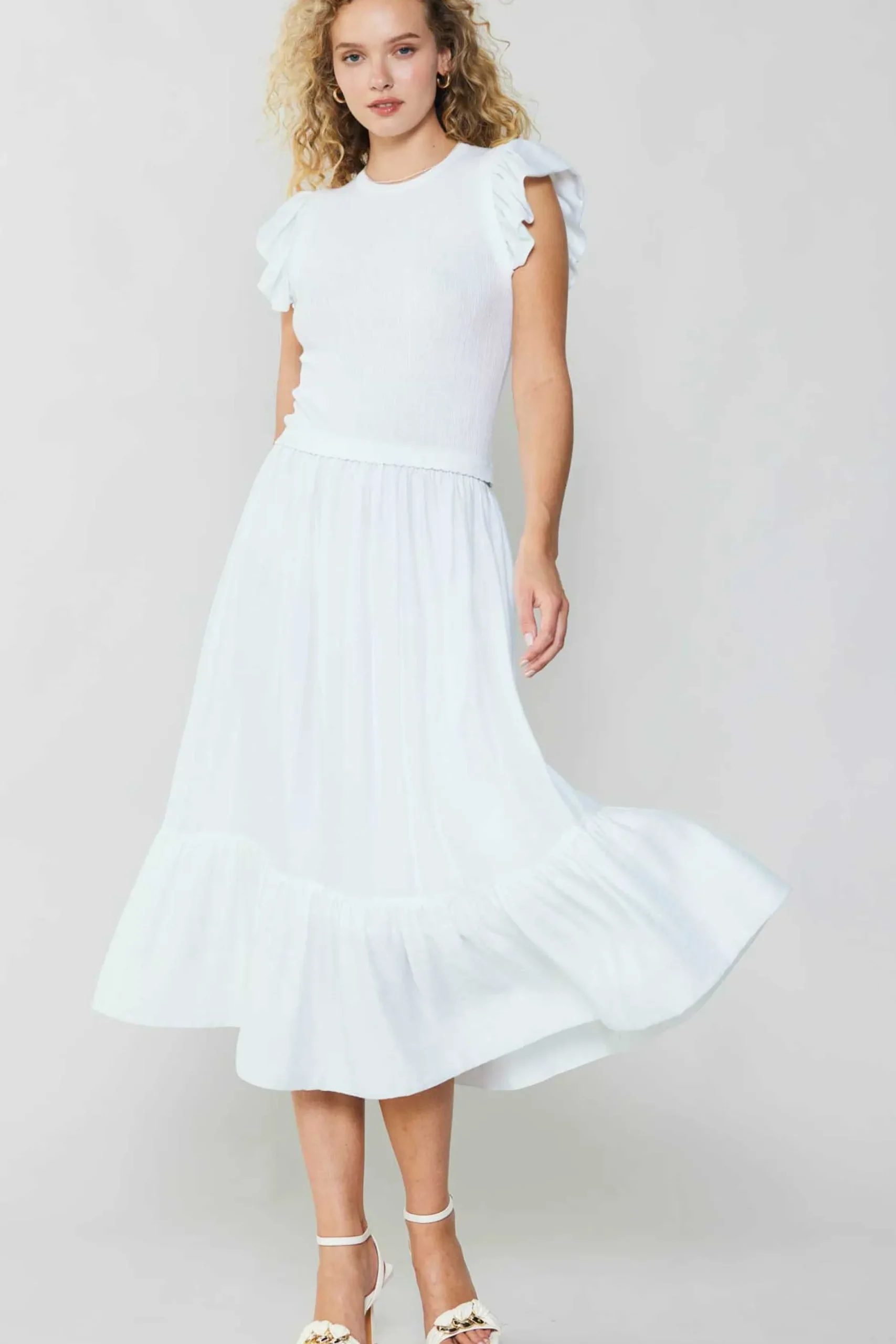 Knitwear|Midi Dresses-Current Air Ruffled Sleeve Sweater Dress WHITE