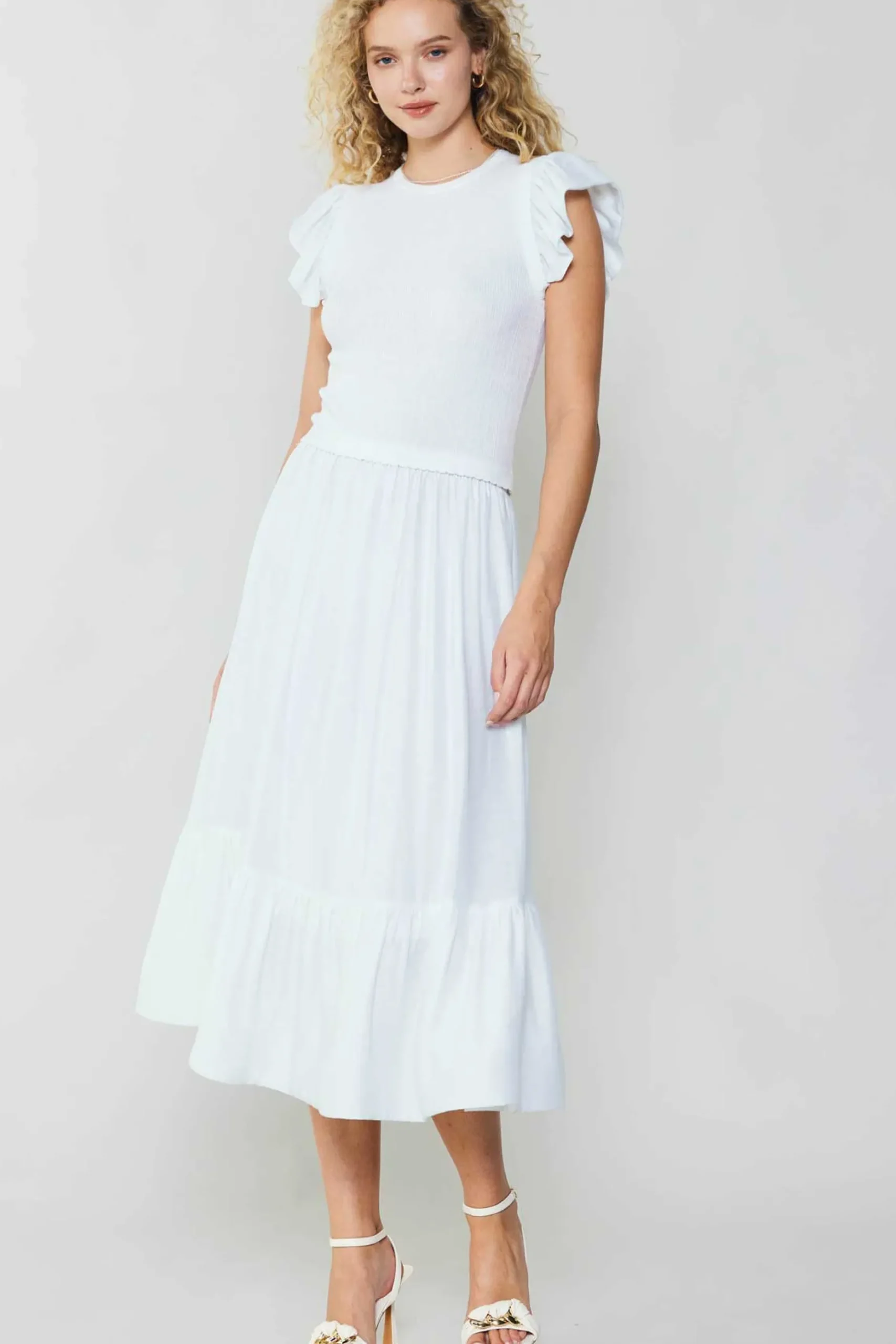 Knitwear|Midi Dresses-Current Air Ruffled Sleeve Sweater Dress WHITE