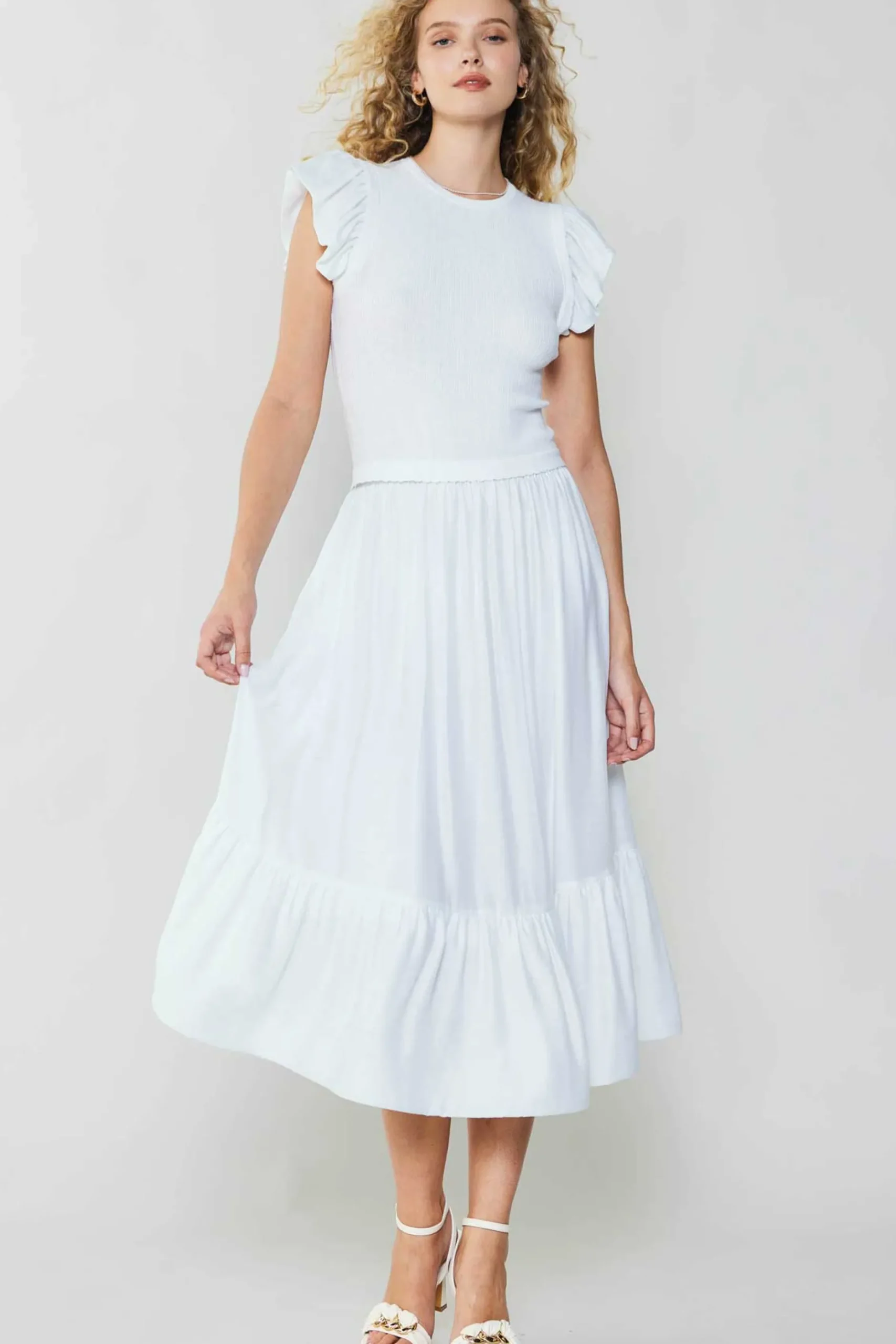 Knitwear|Midi Dresses-Current Air Ruffled Sleeve Sweater Dress WHITE