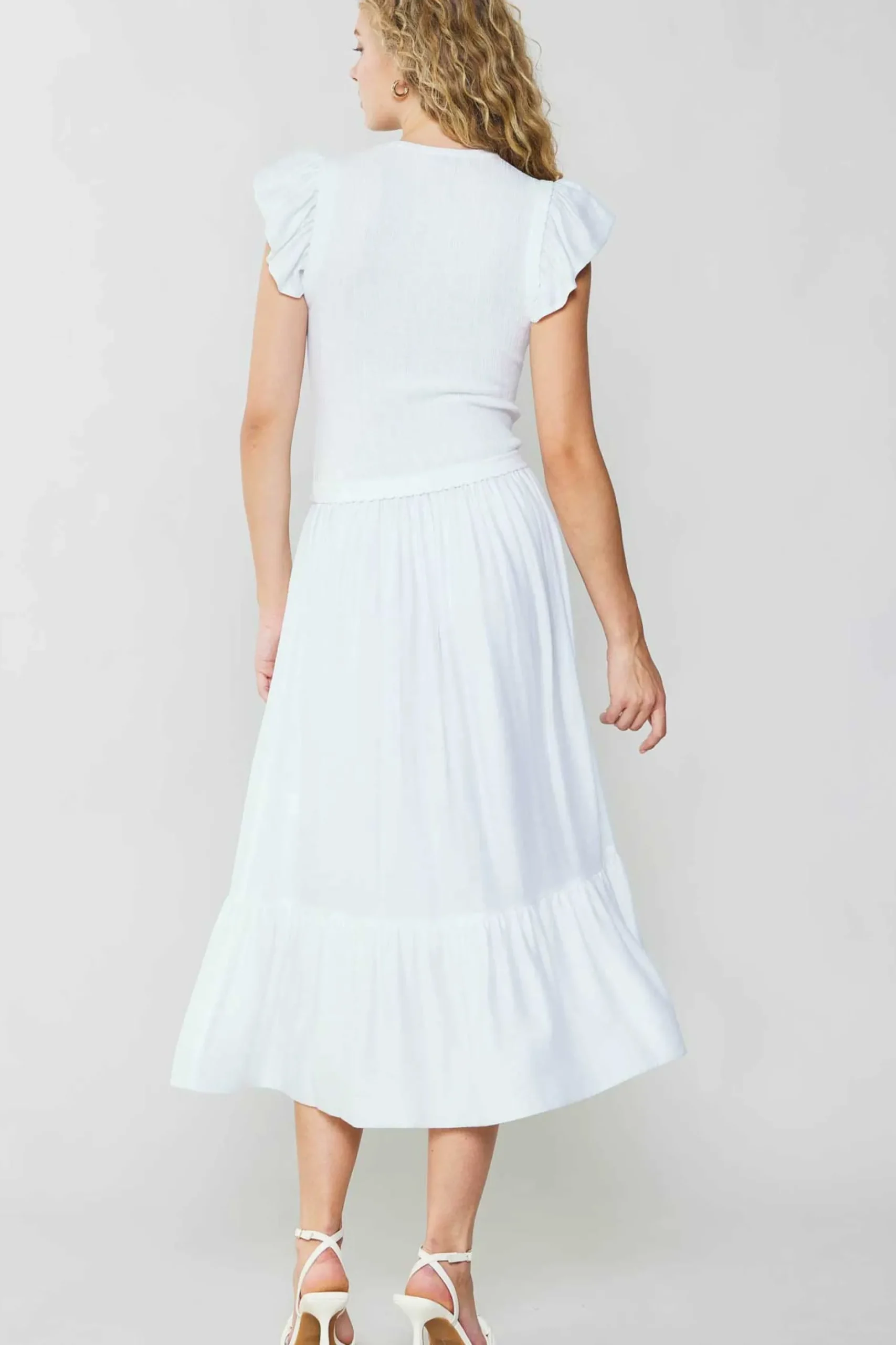 Knitwear|Midi Dresses-Current Air Ruffled Sleeve Sweater Dress WHITE