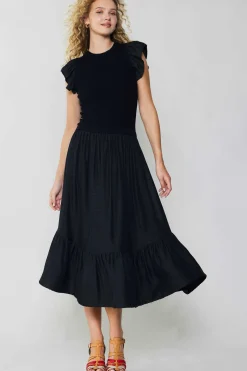 Midi Dresses-Current Air Ruffled Sleeve Sweater Dress BLACK