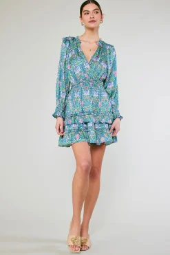 Mini Dresses-Current Air Ruffled Surplice Floral Mini Dress GREEN
