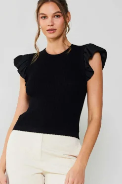 Knitwear|Sleeveless Tops-Current Air Ruffled Sweater Knit Tank BLACK