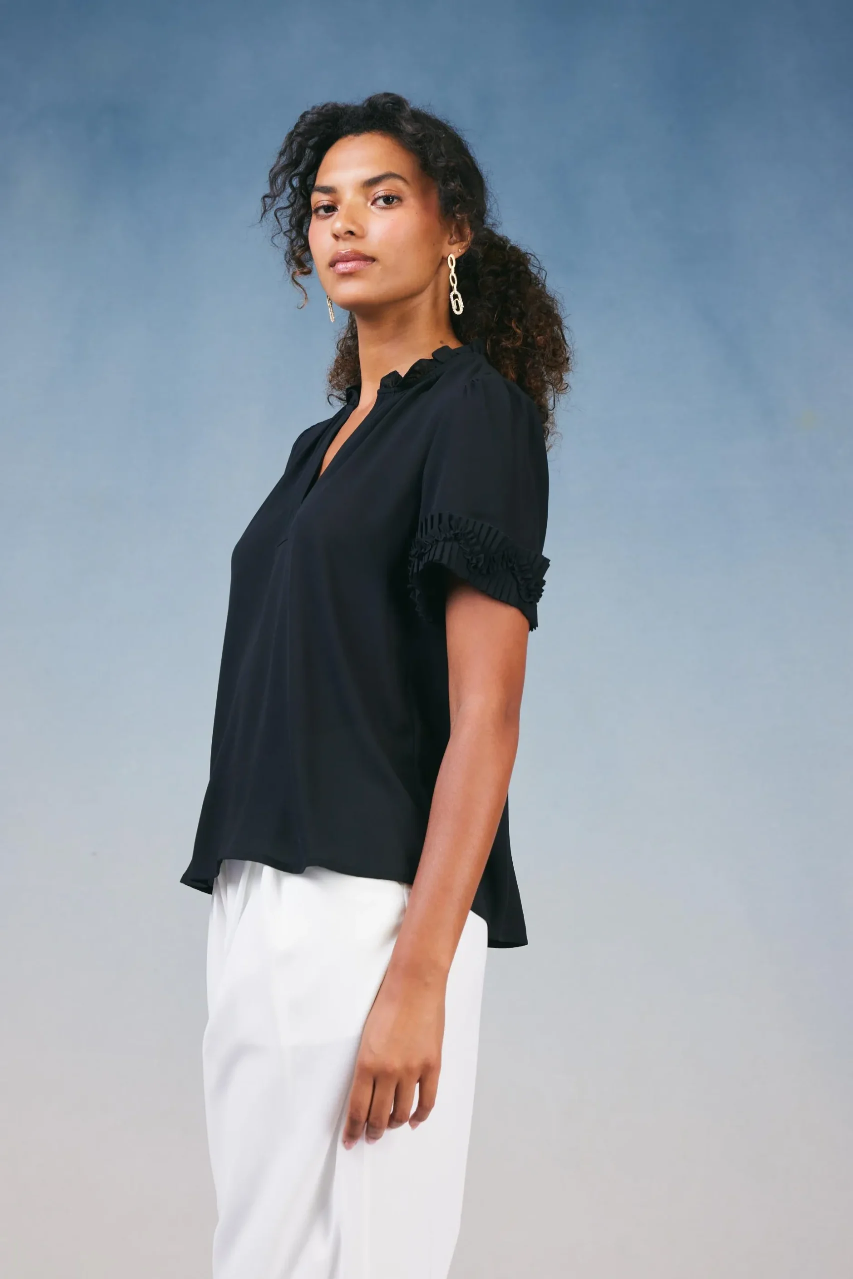 Short Sleeve Tops-Current Air Ruffled Trim Blouse BLACK