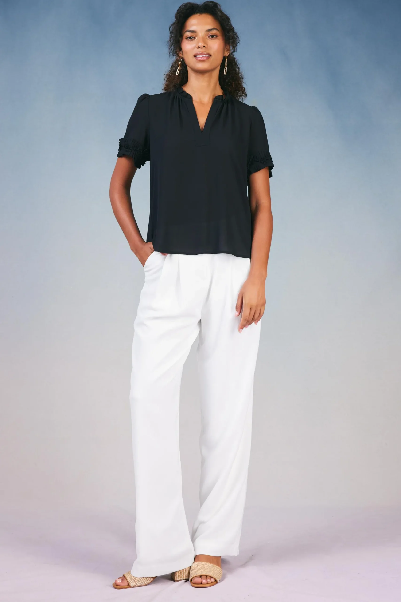 Short Sleeve Tops-Current Air Ruffled Trim Blouse BLACK