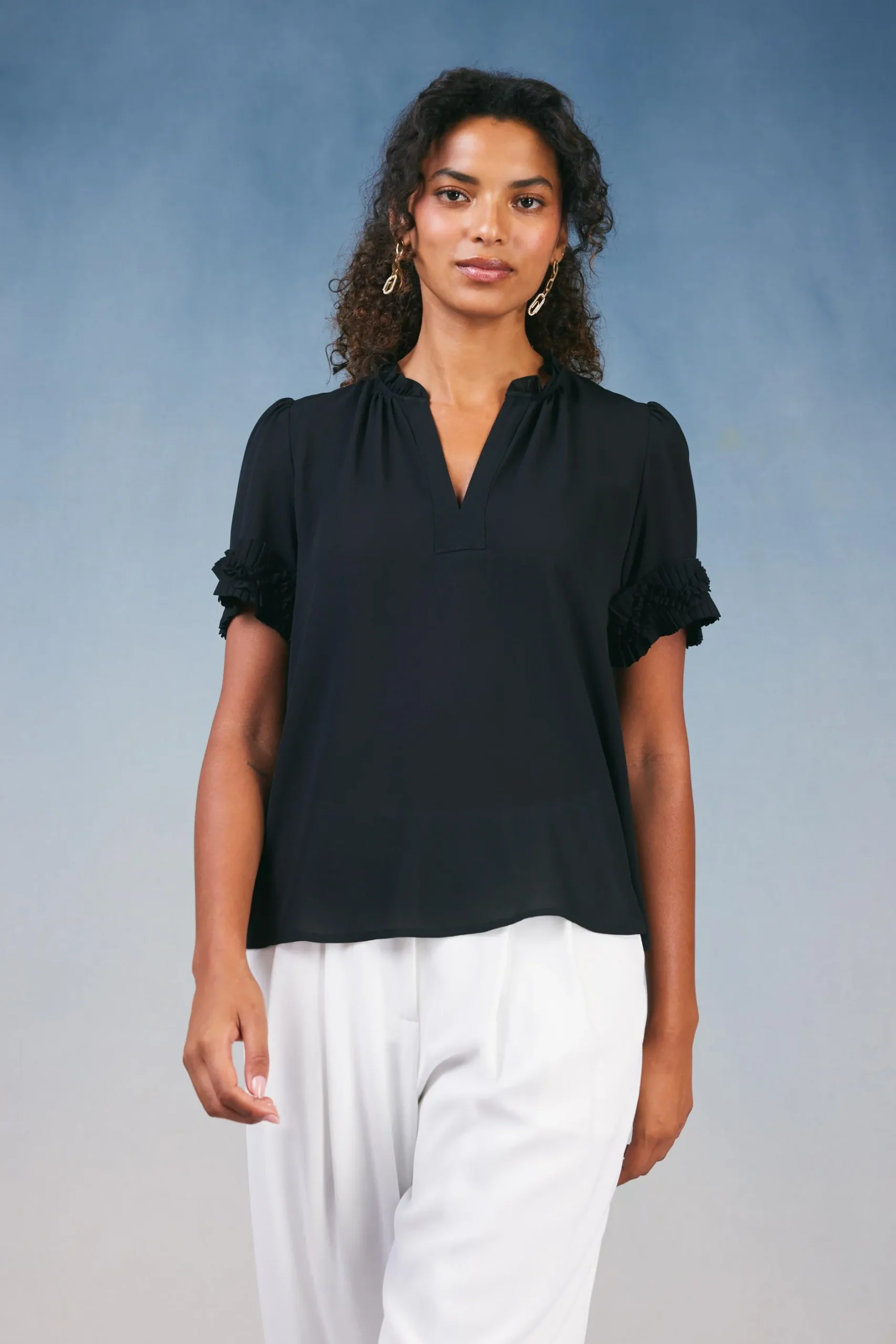 Short Sleeve Tops-Current Air Ruffled Trim Blouse BLACK