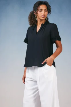 Short Sleeve Tops-Current Air Ruffled Trim Blouse BLACK