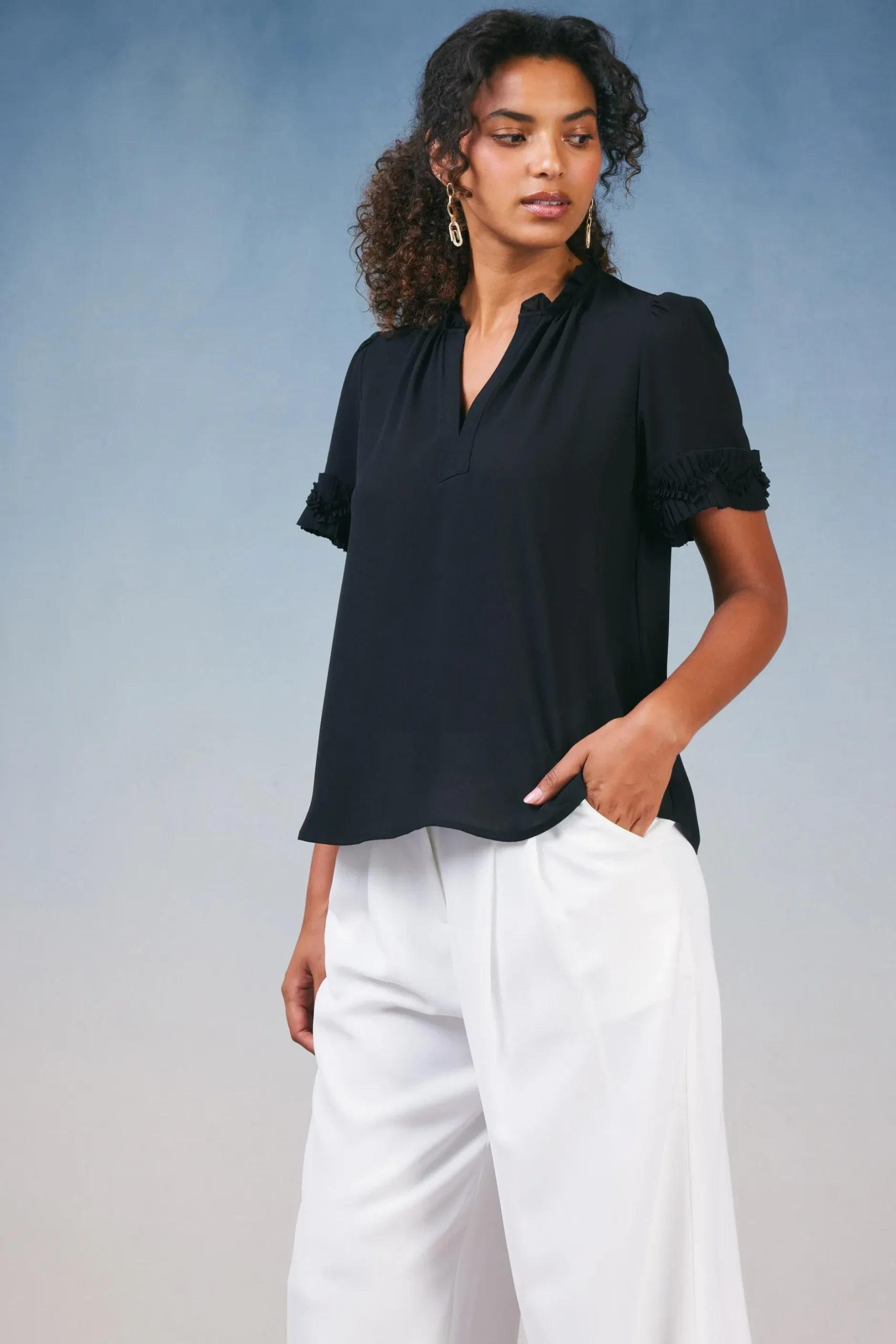 Short Sleeve Tops-Current Air Ruffled Trim Blouse BLACK