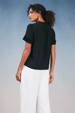 Short Sleeve Tops-Current Air Ruffled Trim Blouse BLACK