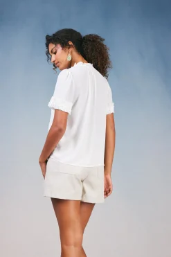 Short Sleeve Tops-Current Air Ruffled Trim Blouse WHITE