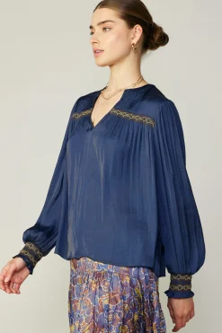 Long Sleeve Tops-Current Air Santa Fe Embroidered Blouse NAVY