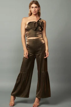 Pants-Current Air Satin Wide Leg Pants OLIVEGOLD
