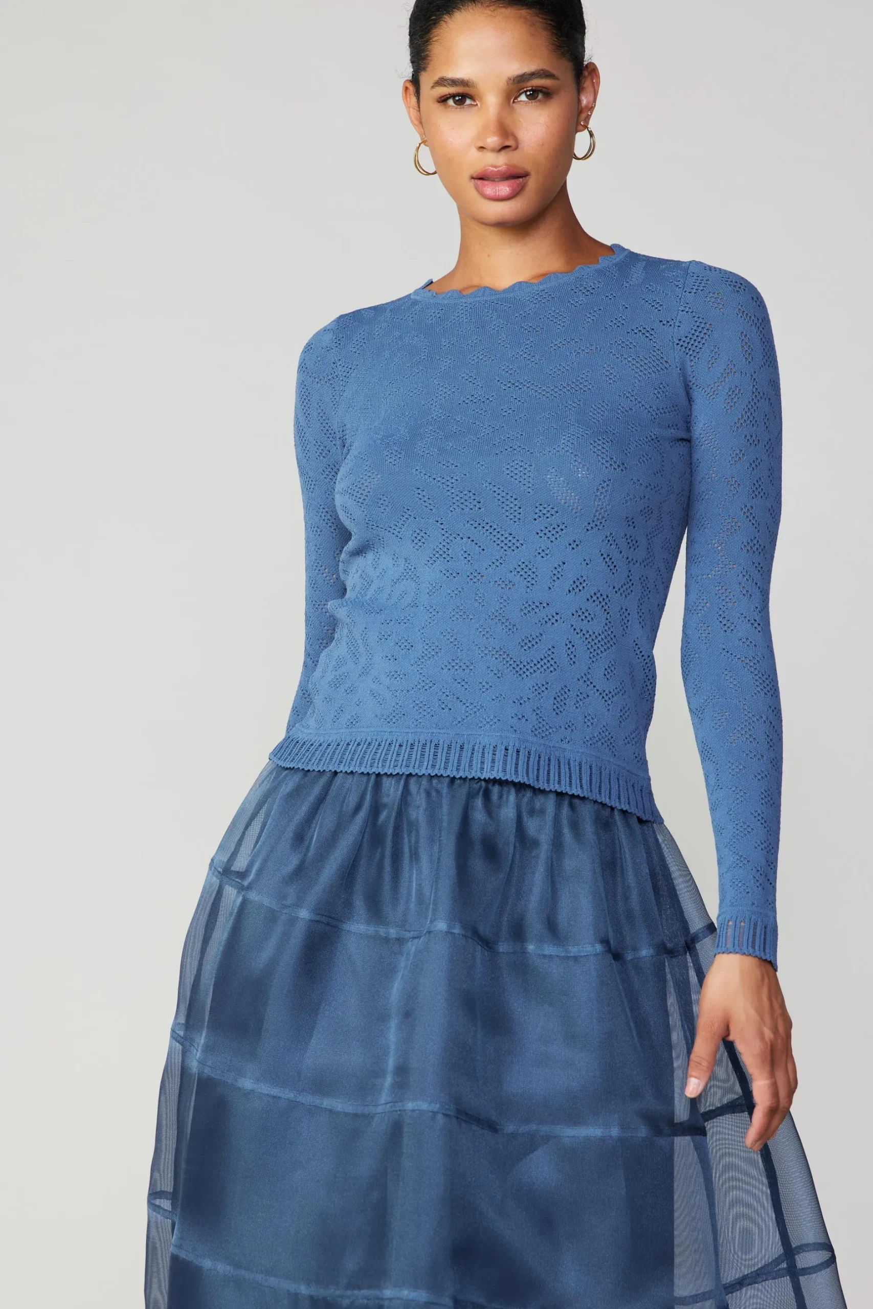 Long Sleeve Tops|Sweaters-Current Air Scalloped Knit Top AEGEANBLUE