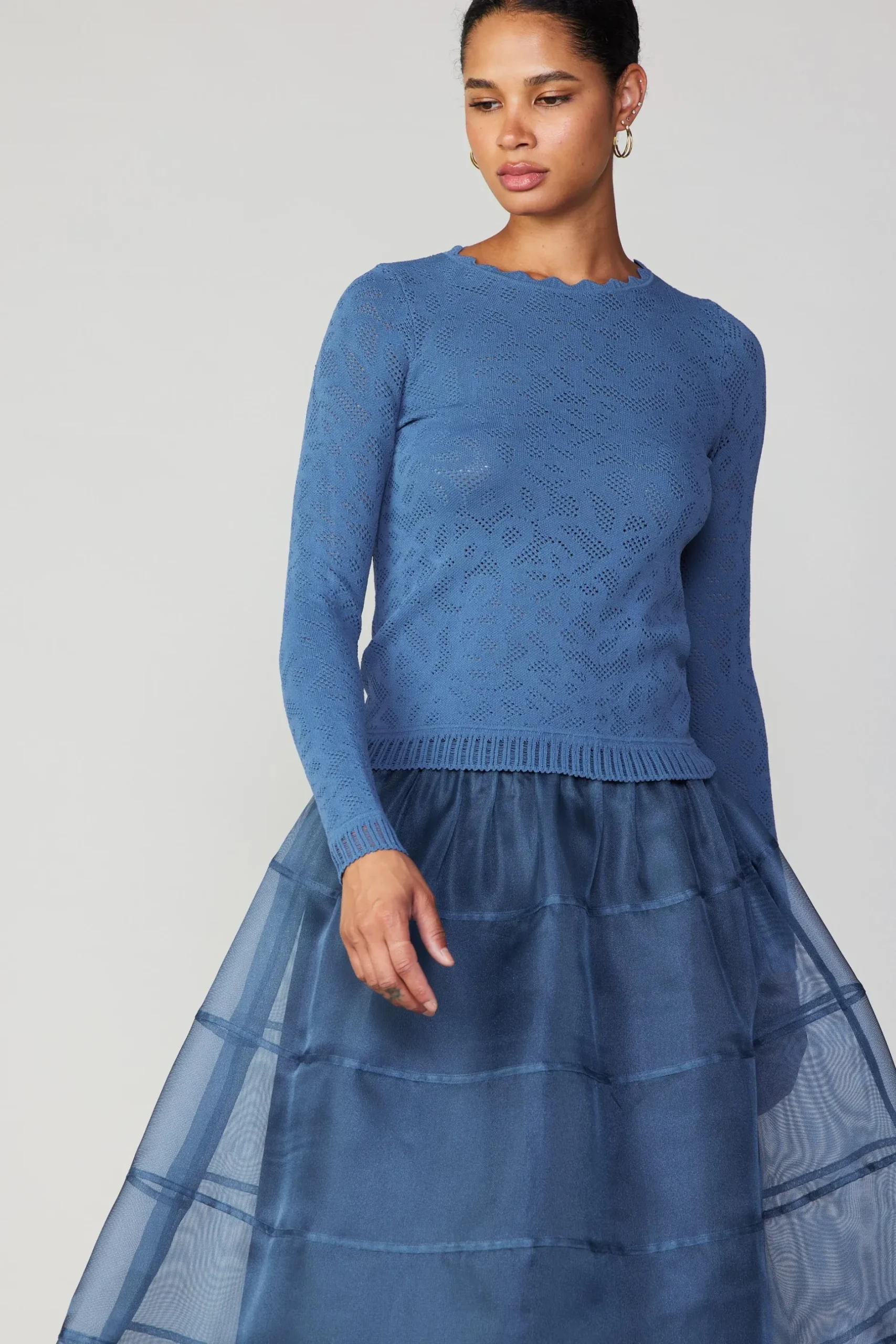 Long Sleeve Tops|Sweaters-Current Air Scalloped Knit Top AEGEANBLUE