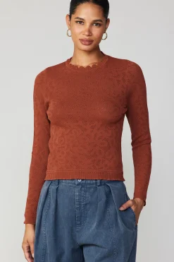 Long Sleeve Tops|Sweaters-Current Air Scalloped Knit Top RUST