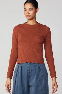 Long Sleeve Tops|Sweaters-Current Air Scalloped Knit Top RUST