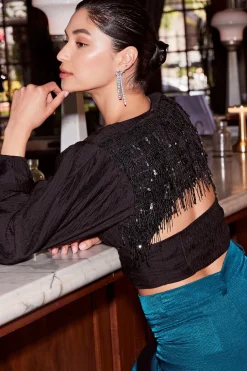 Long Sleeve Tops-Current Air Sequin Back Cutout Top BLACK