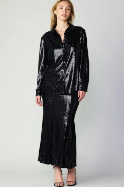 Long Sleeve Tops-Current Air Sequin Buttonup Shirt BLACK