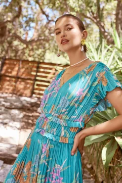 Midi Dresses-Current Air Sereia Botanical Motif Midi Dress TEAL