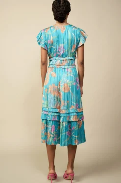Midi Dresses-Current Air Sereia Botanical Motif Midi Dress TEAL