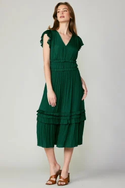 Midi Dresses-Current Air Sereia Pleated Midi Dress FORESTGREEN