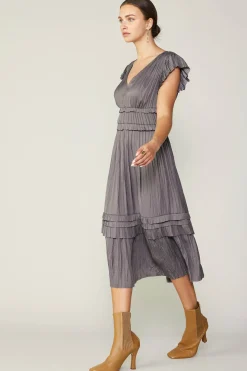Midi Dresses-Current Air Sereia Pleated Midi Dress STEELGREY