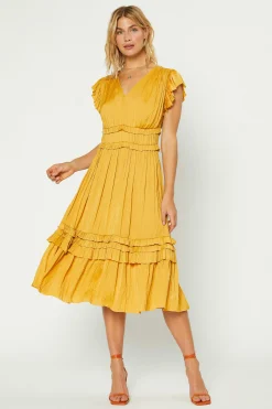 Midi Dresses-Current Air Sereia Pleated Midi Dress MARIGOLD