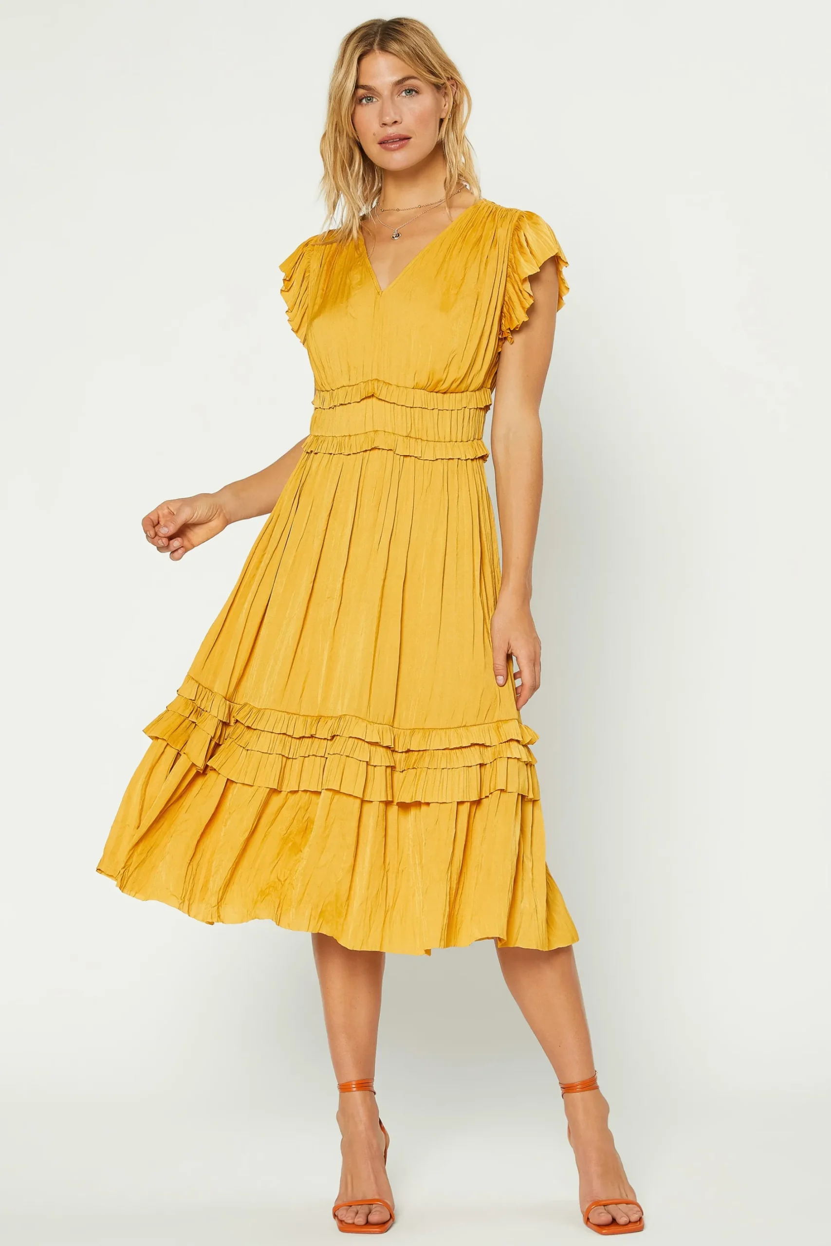 Midi Dresses-Current Air Sereia Pleated Midi Dress MARIGOLD