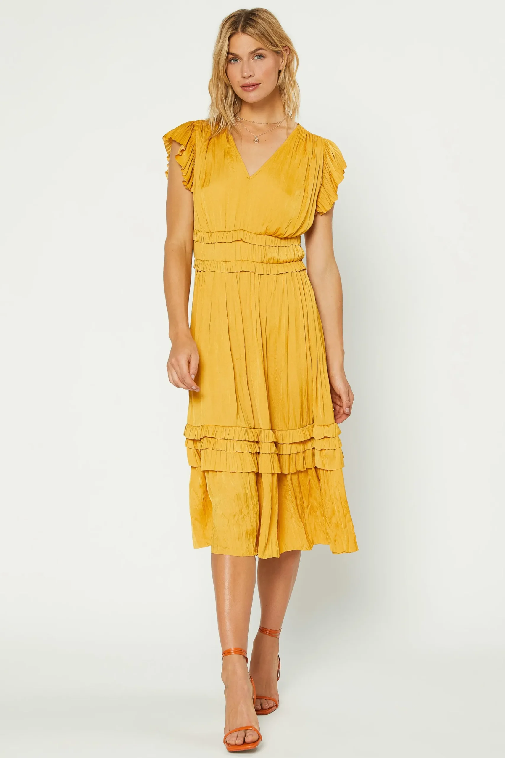 Midi Dresses-Current Air Sereia Pleated Midi Dress MARIGOLD