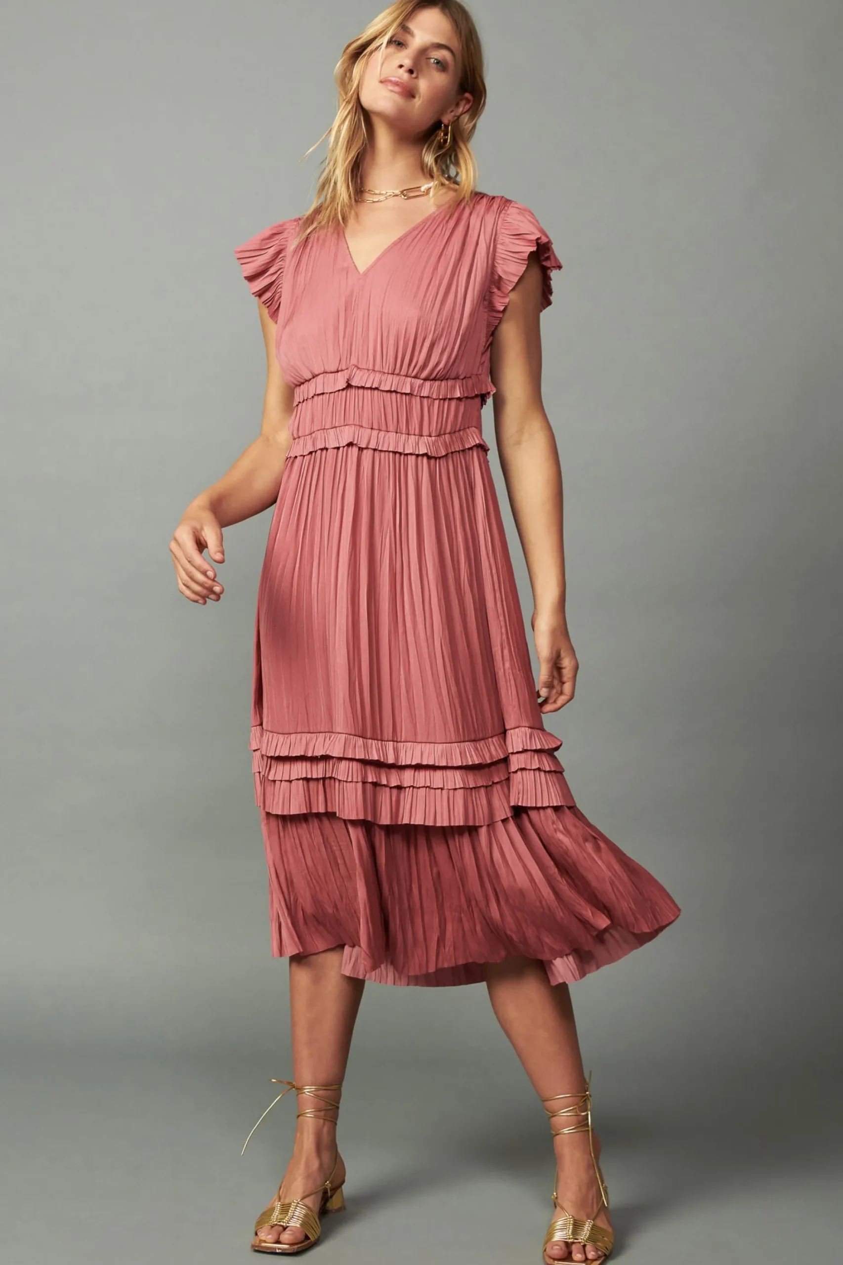 Midi Dresses-Current Air Sereia Pleated Midi Dress MAUVE