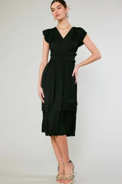 Midi Dresses-Current Air Sereia Pleated Midi Dress BLACK
