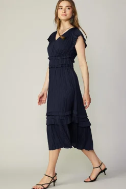 Midi Dresses-Current Air Sereia Pleated Midi Dress DARKNAVY
