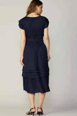Midi Dresses-Current Air Sereia Pleated Midi Dress DARKNAVY