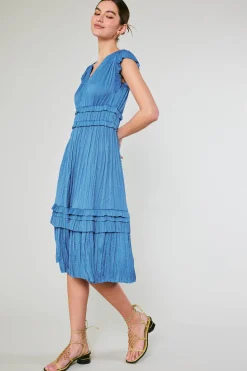 Midi Dresses-Current Air Sereia Pleated Midi Dress FADEDBLUE