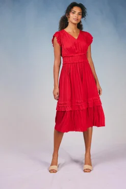 Midi Dresses-Current Air Sereia Pleated Midi Dress RED