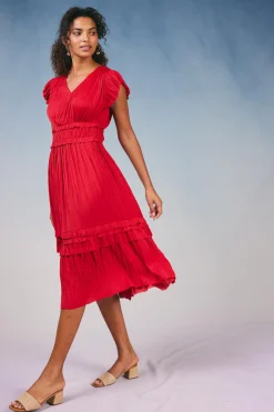 Midi Dresses-Current Air Sereia Pleated Midi Dress RED