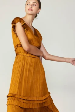 Midi Dresses-Current Air Sereia Pleated Midi Dress GOLDENROD