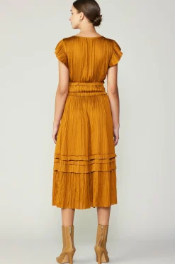 Midi Dresses-Current Air Sereia Pleated Midi Dress GOLDENROD