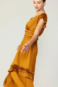 Midi Dresses-Current Air Sereia Pleated Midi Dress GOLDENROD